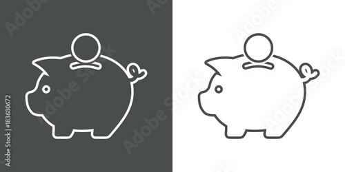 Fotografía Icono plano linea hucha cerdito con moneda gris y blanco