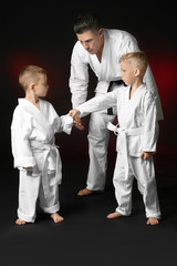 Wall Mural - Little children with instructor practicing karate on dark background