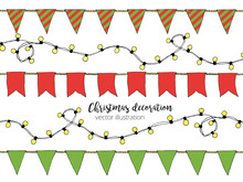 Colorful Hand Drawn Doodle Bunting Banners, Christmas Lights For Decoration. New Year Cartoon Banner Set, Bunting Flags, Border Sketch. Christmas Decorative Elements. Vector Illustration.