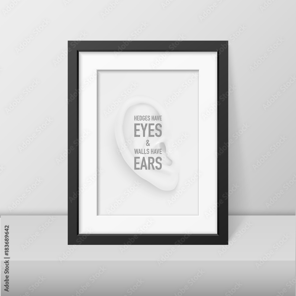 Vector background with human ear closeup and quote in black wood frame ...