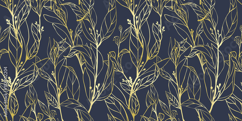 Seamless pattern, hand drawn golden leaves with small flowers on dark blue ba...