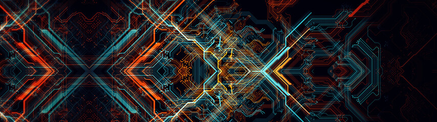 Fototapete - Printed circuit board. Abstract technological background made of different element printed circuit board. Depth of field effect and bokeh can be used as digital dynamic wallpaper