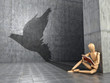 The concept of a flight of fantasy, free-thinking, dreams and self-development. A wooden figure of a man who reads a book and casts the shadow of a bird. 3D illustration