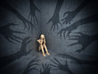 The concept of various phobias and depression. The shadows of the hands pursue a wooden puppet. 3d illustration