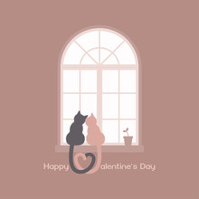 Two Cats With Heart Shaped Tails Sitting On A Windowsill In A Room, Cuddling Each Other And Looking Out A Classic Arched Window In The Daytime With Plant Pot, Celebrate Valentines Day In Tone Of Pink