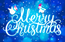 Vector Christmas Background Design With Holidays Funny Snowbirds In Hoods, Snowflakes. Merry Christmas Script Lettering