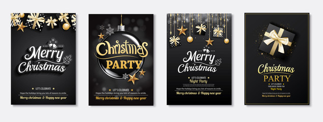 Wall Mural - Merry christmas greeting card and party invitations on black background. Vector illustration element for happy new year flyer brochure design.