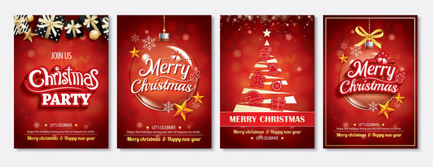 Wall Mural - Merry christmas party glass ball and gift box for flyer brochure design on red background invitation theme concept. Happy holiday greeting banner and card template.