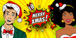 Young surprised man and sexy surprised afro american woman with open mouths in Santa Claus hats and Merry Christmas speech bubble. Vector background in pop art comic style. New Year invitation poster.