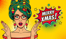 Wow Pop Art Christmas Face. Sexy Surprised Woman In Glasses With Open Mouth, New Year Tree On Head Rises Her Hands . Vector Bright Illustration In Retro Comic Style. New Year Party Invitation Poster.