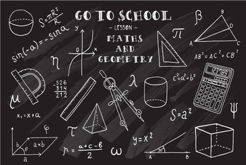 maths and geometry. hand sketches on the theme of maths and geometry. chalkboard. vector illustratio