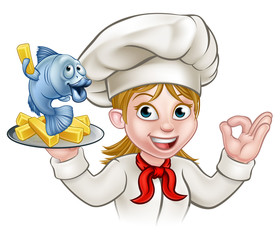 Wall Mural - Fish and Chips Woman Chef