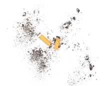 Cigarette Stubs And Ash Isolated On White Background, Top View