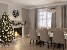 Luxury Dining Room With Christmas Decoration By Day. 3d Rendering