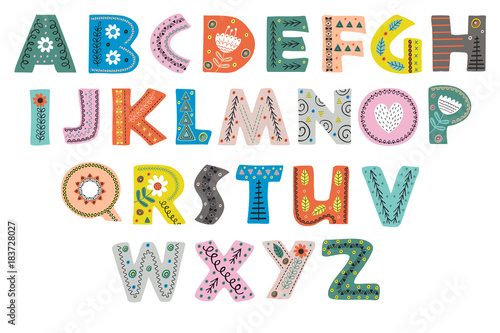 decorative alphabet in Scandinavian style color colorful  - vector illustration, Canvas Print