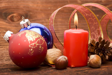 Christmas decorations and ornament on wooden background