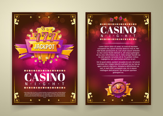 Vector casino flyer, cartoon banner, background with vintage emblem in form of scoreboard slot machine, gaming roulette and space for your text. Poster for advertising casino, night club