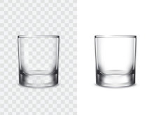 Realistic shot drinking glasses for alcoholic drinks, vector illustration isolated on white and transparent background. Mock up, template of strong alcohol shots, such as vodka, tequila, whiskey