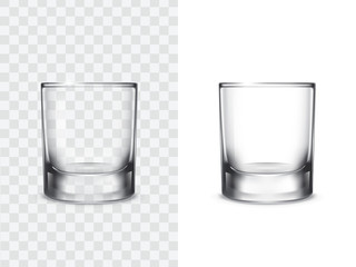 Canvas Print - Realistic shot drinking glasses for alcoholic drinks, vector illustration isolated on white and transparent background. Mock up, template of strong alcohol shots, such as vodka, tequila, whiskey