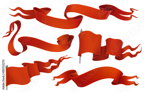 Red flags and ribbons. Vintage 3d vector icon set