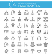 Lamps and lighting. Home illumination. Vector line icons set.