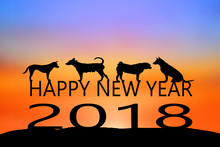 2018 Dog Year Zodiac. New Year Silhouette Of A Dog And Greetings.