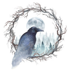 Wall Mural - dark raven sitting in a wreath of bare branches, and winter forest with rising moon are behind. wate