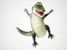 3D Rendering Of A Cartoon Crocodile Jumping For Joy.