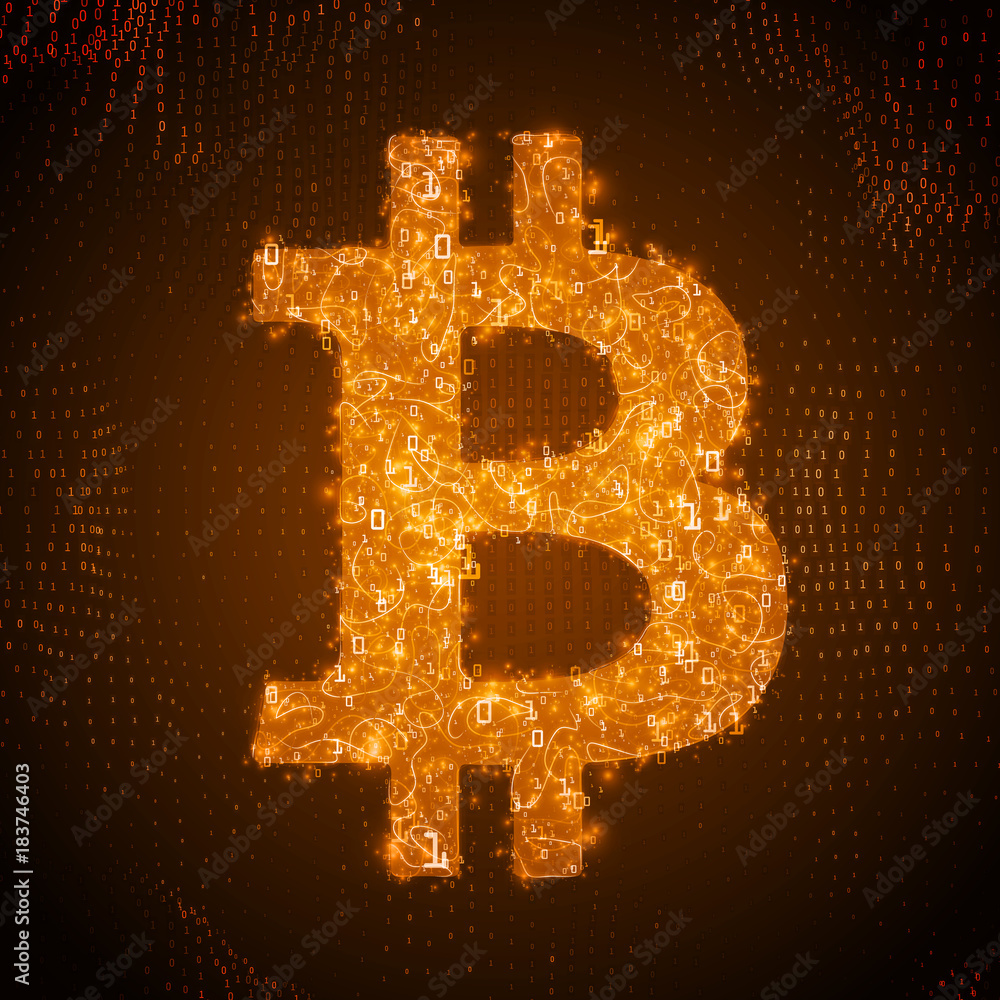 Bitcoin Monogram Vector golden Bitcoin symbol constructed with flowing binary numbers ...