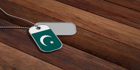 Sticker - Pakistan army concept, Pakistan flag identification tags on wooden background. 3d illustration