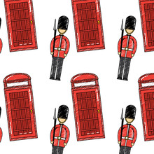 London Soldier Royal And Cabin Telephone Vector Illustration