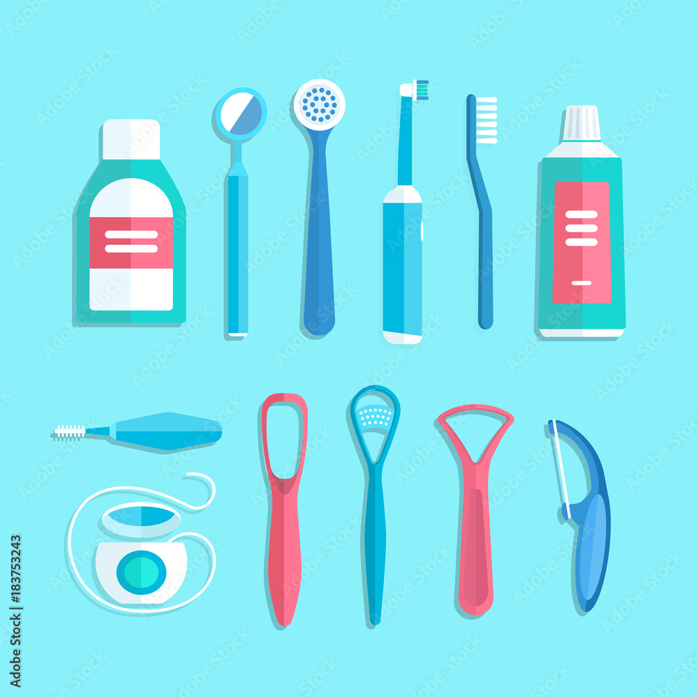 Dental cleaning tools. Vector illustration of oral hygiene products ...