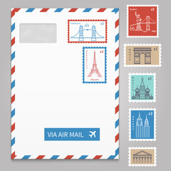 Wall Mural - Envelope with postage stamps with line travelling city