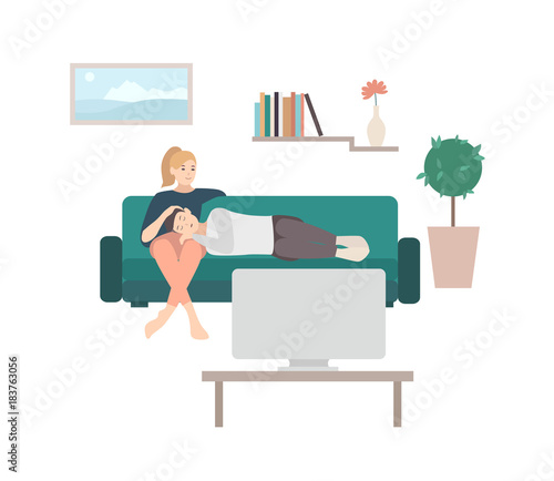 Man Sleeping On Lap Of Woman Sitting On Cozy Sofa And Watching Tv