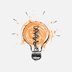 a contour of a burning light bulb. A black white illustration.