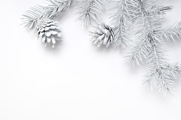 Mockup Christmas frame white tree branches border over white wooden background, with space for your text