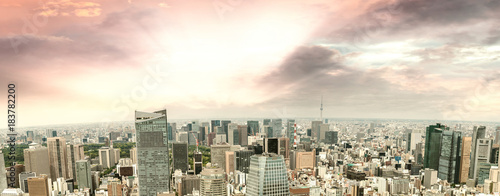 Plakat Zadziwiający zmierzch panoramiczny widok z lotu ptaka Tokio linia horyzontu