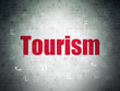 © Maksim Kabakou - Tourism concept: Painted red text Tourism on Digital Data Paper background with  Hand Drawn Vacation Icons