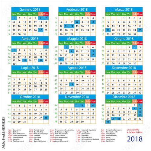 Calendario Italiano Con Giorni Festivi Per Il 2018 Stock Vector Adobe