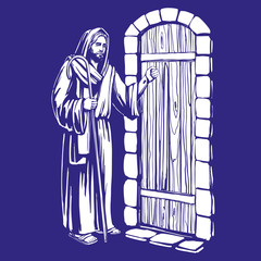 Wall Mural - Jesus Christ, Son of God knocking at the door, symbol of Christianity hand drawn vector illustration sketch.