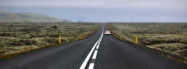 Wall Mural - Highway through Iceland landscape at foggy day