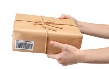 Woman holding parcel gift box on white background