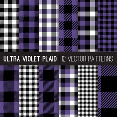 Wall Mural - Ultra Violet Buffalo Check Plaid and Gingham Vector Patterns. Purple Flannel Shirt Textures. Hipster Checkered Background. Pattern Tile Swatches Included. 2018 Color of the Year.