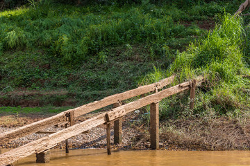 Wooden crossbeams on the river bank Nam Khan river, Louangphabang, Laos. Copy space for text.