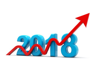 business graph with arrow up and 2018 symbol, represents growth in the new year 2018, three-dimensional rendering, 3D illustration