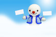 cheerful snowman with two signs in his hands in the snow