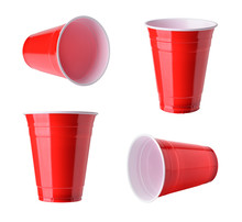 Red Plastic Party Cups Set, Isolated On White Background