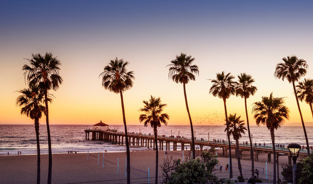 manhattan beach pier at sunset, los angeles, california