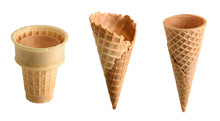 Collection Of Empty Ice Cream Cone Isolated On White Background