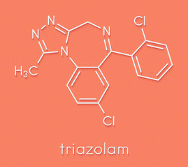 Poster - Triazolam insomnia drug (sleeping pill, benzodiazepine class) molecule. Skeletal formula.